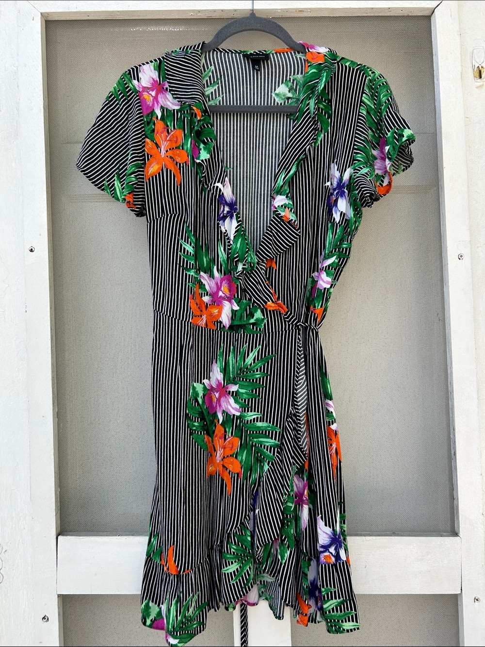 Striped Floral Wrap Dress in Black with Green & Orange Accents
